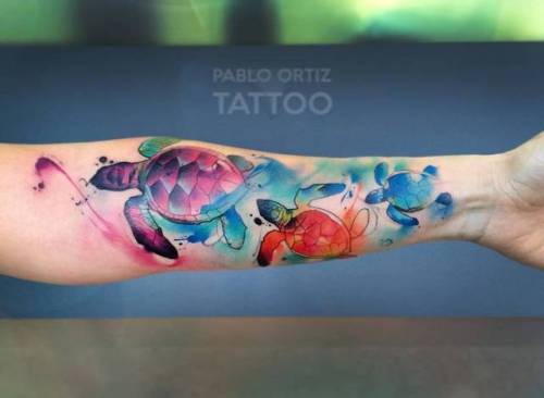 By Pablo Ortiz, done at Kutulo Tattoo, Toledo.... reptile;big;animal;watercolor;facebook;twitter;pabloortiz;turtle;inner forearm