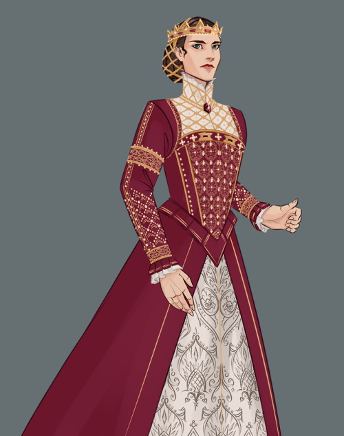 Sabran Berethnet, digitally drawn by Roman of Roman's Art. She is dressed in Elizabethan formal dress of deep red with a bejewelled stomacher, high neck and crown.
