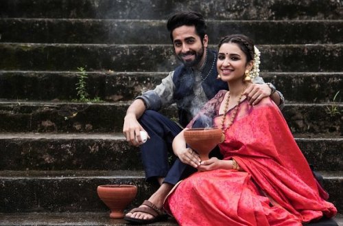 bollywoodhqs:Parineeti Chopra & Ayushman pose for a Durga...