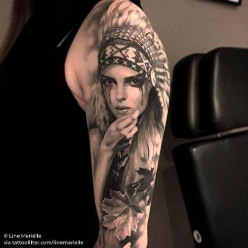 Tattoo tagged with: healed, black and grey, big, women, native american  woman, native american, facebook, twitter, portrait, linemarielle, other,  upper arm 