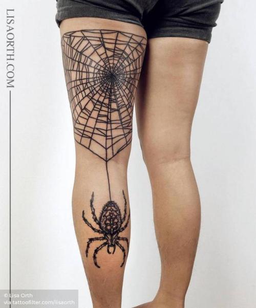 Tattoo tagged with: lisaorth, big, spider, arachnid, animal, spiderweb,  contemporary, spooky, facebook, nature, blackwork, twitter, mythology,  illustrative, leg 