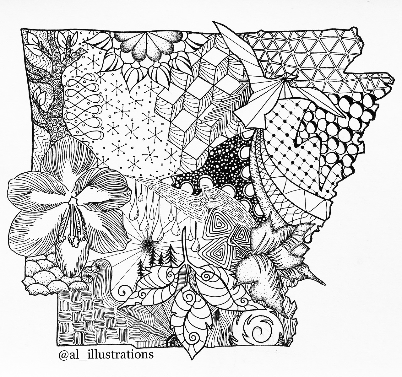 Currently working on my first colouring book or all 50 states of the United States. Here is one of many original pages, Arkansas state. Drawn up and designed using ‘Micron’ fine artist pens. Looking to find where my style of drawings and artwork are...