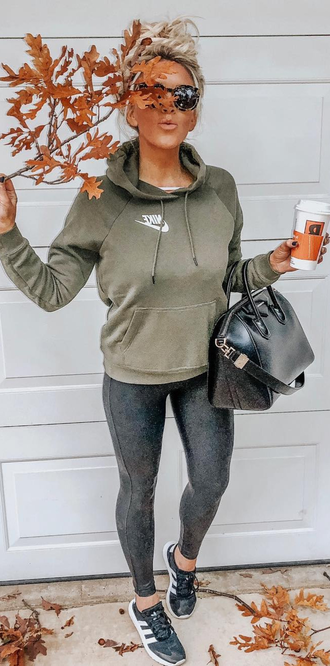50+ Cozy Outfit Ideas You Need - #Photooftheday, #Outfit, #Happy, #Fashionistas, #Perfect Autumn leaves are falling down Iloving this sweatshirt you guys... comes in a couple colors but I have to say Isuper partial to this green color right now (wearing a size small for reference) I also linked the leggings I inand my new kicks Shop it all by following me on the  App OR click on the link in my bio and then click on the pic you want to shop:  