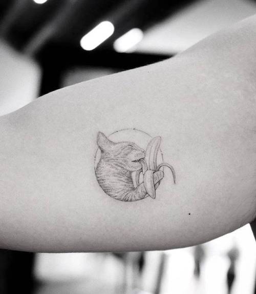 By Sanghyuk Ko · MR.K, done at Bang Bang Tattoo SoHo, Manhattan.... banana;small;vegan;single needle;inner arm;animal;tiny;mrk;food;ifttt;little;nature;fruit;cat;pet;feline