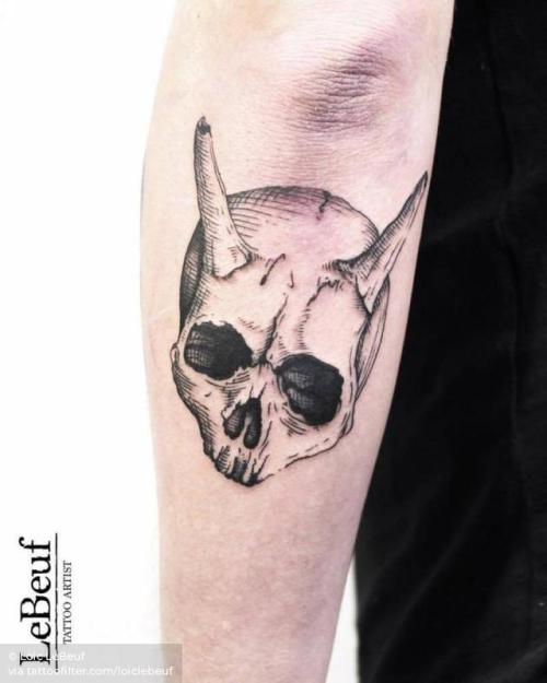 By Loïc LeBeuf, done at Grotesque Tattooing, Carouge.... surrealist;devil;skull;anatomy;human skull;loiclebeuf;facebook;blackwork;forearm;twitter;engraving;medium size;religious;mythology
