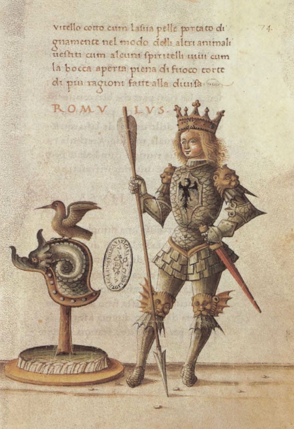 Romulus, the legendary founder of Rome, dressed in armor more contemporary to the late 15th century artist.
(Biblioteca Apostolica Vaticana)