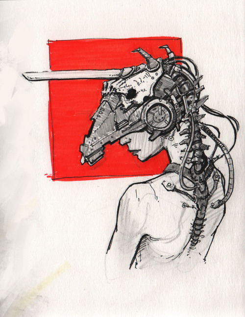 art-of-thomas-elliott:Inktober day 4/31 , Cyber unicorn girl...