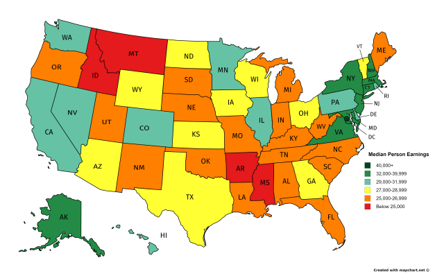 Median personal earnings by US state. - Maps on the Web