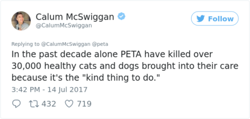 maggiesox:sixpenceee:Calum McSwiggan brutally roasts PETA in a...