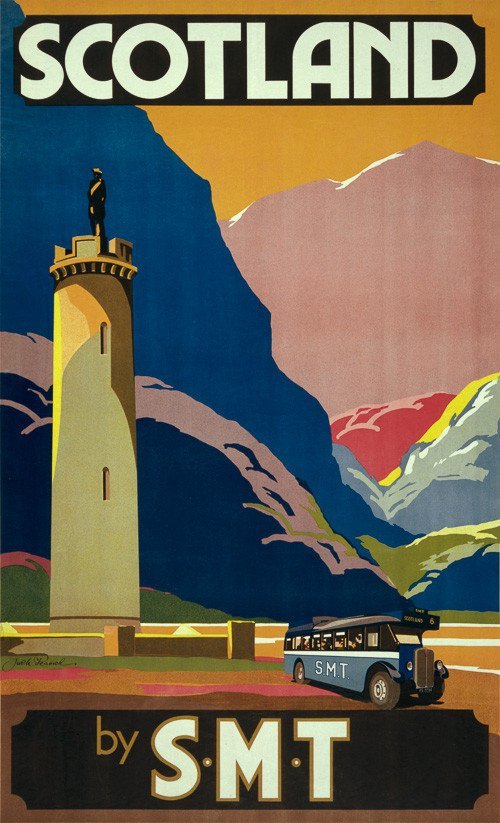 vintagraphblog: “ This vintage travel poster shows a Scottish Motor Traction bus sitting at the base of the Glenfinnan Monument, circa 1920s. ” want to go