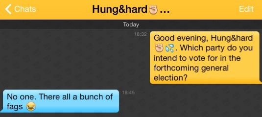 Me: Good evening, Hung&hard✊?. Which party do you intend to vote for in the forthcoming general election?
Hung&hard✊?: No one. There all a bunch of fags ?