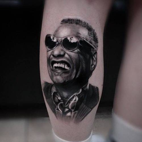 By Jefree Naderali, done at Tattoom Gallery, Istanbul.... music;black and grey;calf;jefreenaderali;patriotic;big;ray charles;united states of america;character;facebook;twitter;portrait