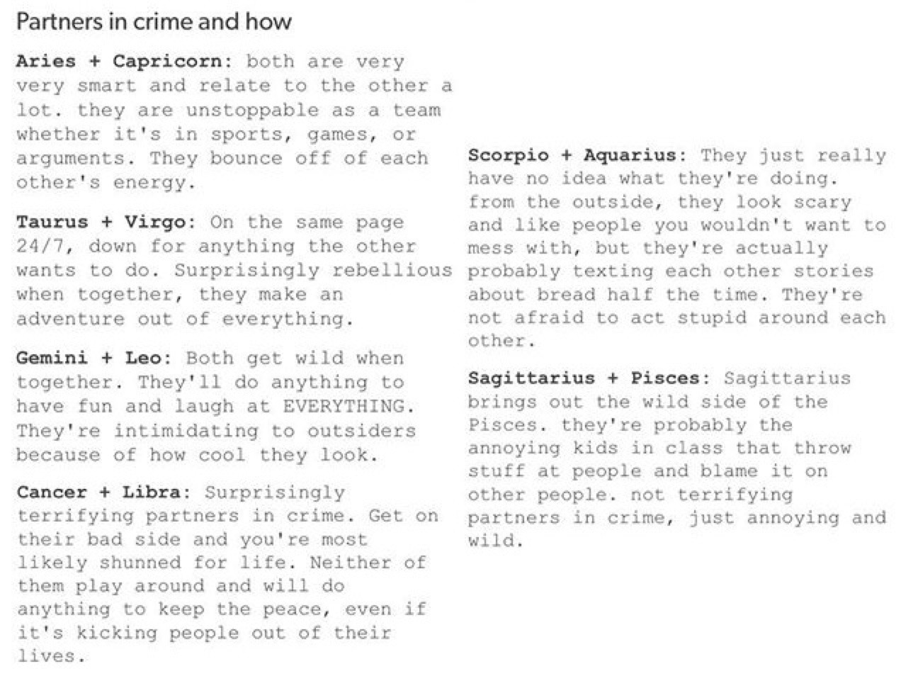 Astrology — The Signs & Partners In Crime