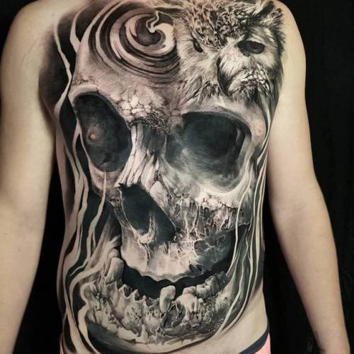 By Nick Noonan, done at Left Hand Path Tattoos, Christchurch.... black and grey;nicknoonan;skull;anatomy;owl;torso;animal;bird;facebook;twitter