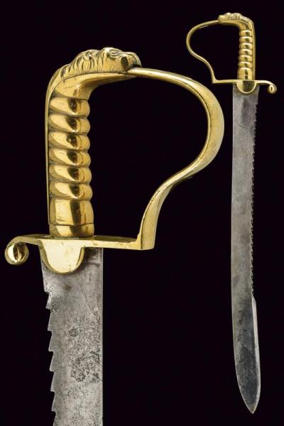 British Saw Back Pioneer’s Sword, 19th Century Wide, slightly curved, single-and false-edged blade with saw-back and mark...