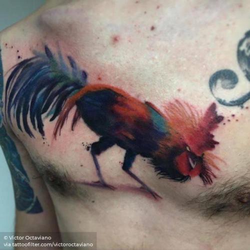 By Victor Octaviano, done at Puros Cabrones Tattoo, Santo André.... rooster;big;animal;chest;watercolor;bird;facebook;twitter;victoroctaviano