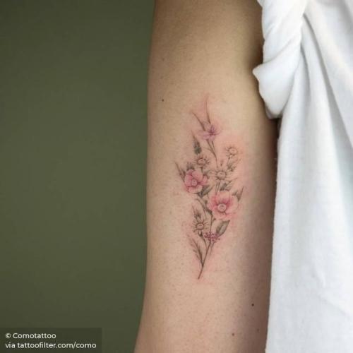 By Comotattoo, done in Seoul. http://ttoo.co/p/32843 flower;flower bouquet;single needle;bicep;como;facebook;nature;twitter;medium size