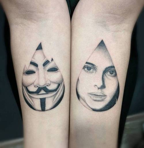 By Michele Volpi · mfox, done at Venom Art Tattoo, Rapagnano.... individual matching;matching;natalie portman;v for vendetta;patriotic;women;united states of america;character;facebook;twitter;michelevolpi;inner forearm;medium size;other;illustrative;film and book