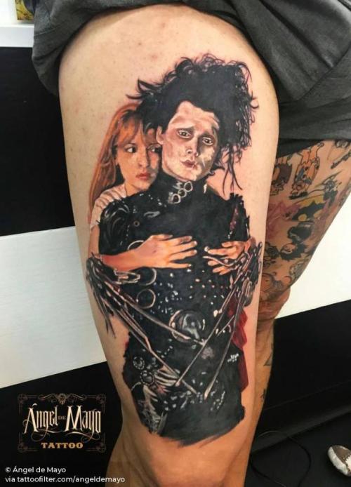 By Ángel de Mayo, done at Ángel de Mayo Tattoo, Alcalá de... angeldemayo;johnny depp;fictional character;patriotic;big;edward scissorhands;united states of america;character;thigh;facebook;realistic;twitter;edward scissorhands film;tim burton;film and book