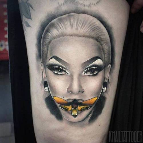 By Khail Aitken, done at Youngbloods Tattoo Studio, Rockingham.... khailaitken;healed;insect;animal;drag queen;thigh;facebook;realistic;twitter;profession;moth;portrait;medium size;other