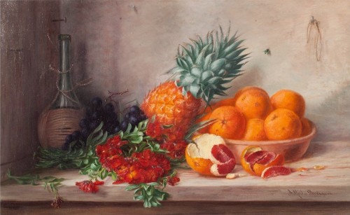 Alfrida Baadsgaard (1839-1912) - Still life with fruit and flowers, oil on canvas, 45 x 73 cm.