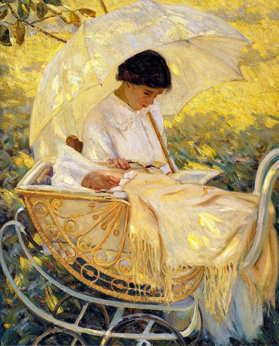 In the Shadow of the Tree (1914). Helen Galloway McNicoll (Canadian, 1879-1915). Oil on canvas. Musée National des Beaux-Arts du Québec.
A young woman sits beside an infant in a perambulator under the shade of an umbrella. As she reads, she creates...