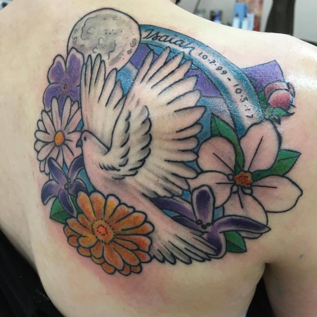 Levi Greenacres — #Dove and #flowers memorial tattoo....