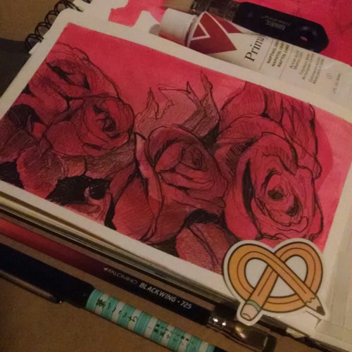 sawamoose: “ Red roses for the November 2015 ArtSnack Challenge. The photos from my phone really don’t do the paint color justice. It’s super red. That pen and pencil are also super cool. ” ArtSnacks is like a magazine subscription but instead of a...