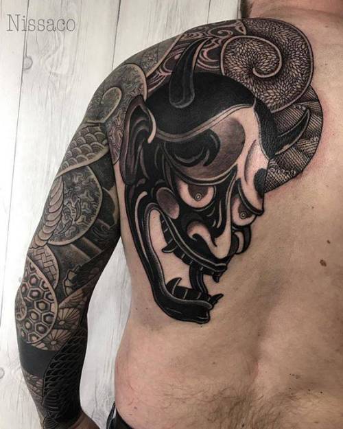 By Nissaco, done in Osaka. http://ttoo.co/p/23841 abstract;patriotic;japanese culture;back;huge;mask;hannya;facebook;blackwork;twitter;nissaco;sleeve;other