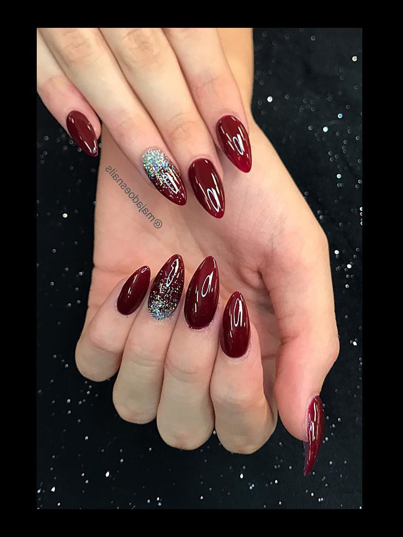 star nails, red acrylic nails, coffin shaped nails, nail drill, essie ballet slippers Red and Silver Glitter OmbrAlmond Nails . . , rednails , almondnails , almondnailshape , ombrenails , glitternails , silverglitter 