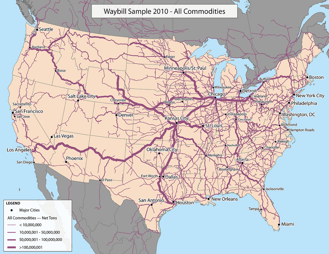 Railroad usage in the USA in terms of freight... Maps on the Web