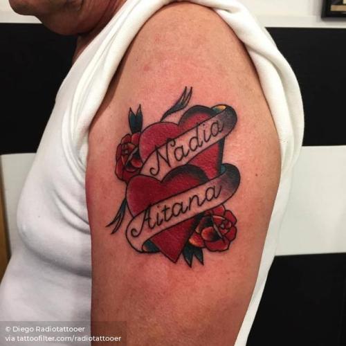Tattoo tagged with: nautical, heart, traditional, travel, love, facebook,  name, twitter, radiotattooer, medium size, banner, other, heart and banner,  upper arm 