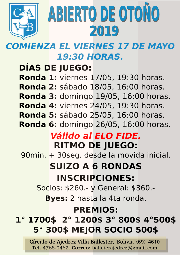 ABIERTO DE OTOÑO 2019 CAVB
Comienza el viernes 17 de mayo a las 19:30 horas.