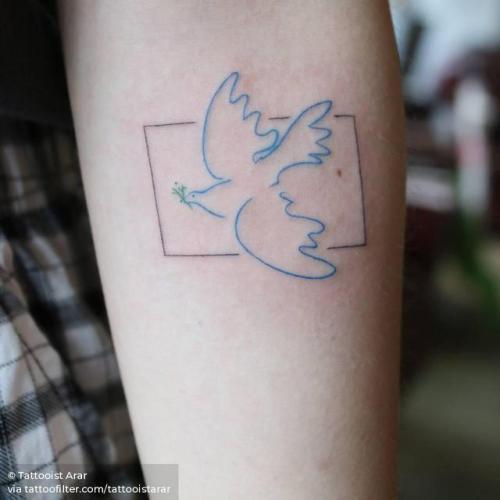 By Tattooist Arar, done in Seoul. http://ttoo.co/p/29162 spain;tattooistarar;art;single needle;line art;picasso dove of peace;pigeon;animal;bird;facebook;location;twitter;picasso;minimalist;inner forearm;europe;fine line;small;patriotic