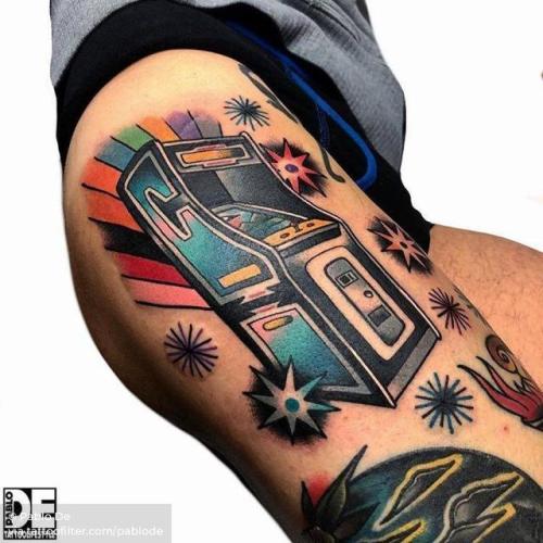 By Pablo De, done at Tattoo Lifestyle, Livorno.... pablode;traditional;big;arcade cabinet;contemporary;thigh;facebook;twitter;pop art;game;video game console