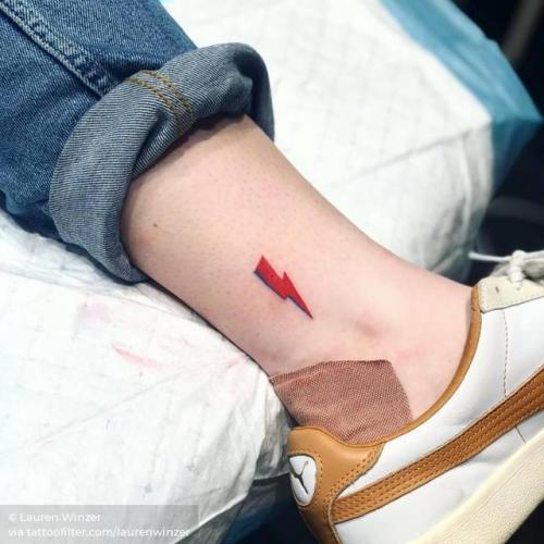 By Lauren Winzer, done at Hunter and Fox Tattoo, Sydney.... small;micro;laurenwinzer;contemporary;tiny;character;ankle;ifttt;little;nature;david bowie;lightning bolt;pop art;england;music;patriotic