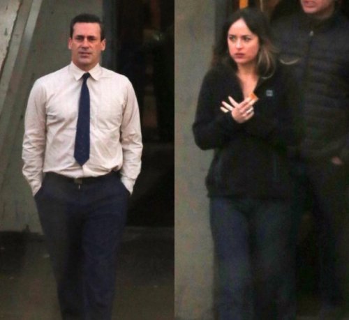 dakotaholic:Dakota Johnson and John Hamm on the set of  “Bad...