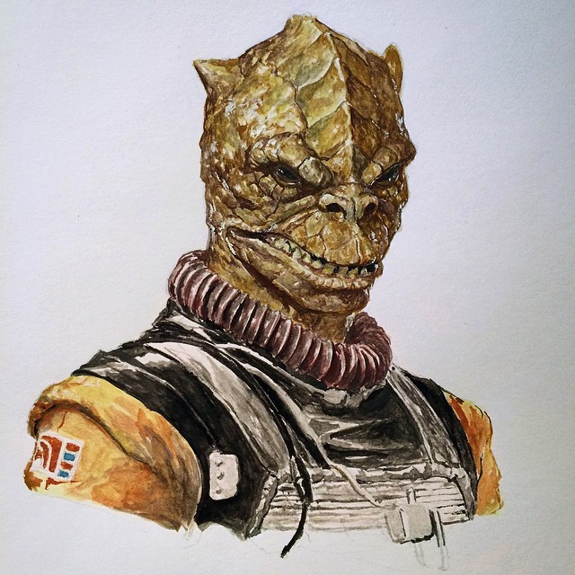 Star Wars example #283: Bossk - Star Wars! Done in watercolor :). #watercolor #bossk #starwars #fanart #portrait daverapo...