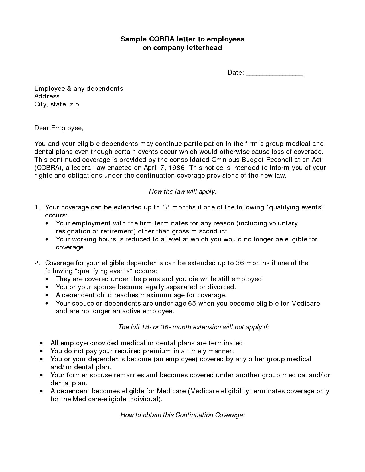 Employee Information — Cobra letter