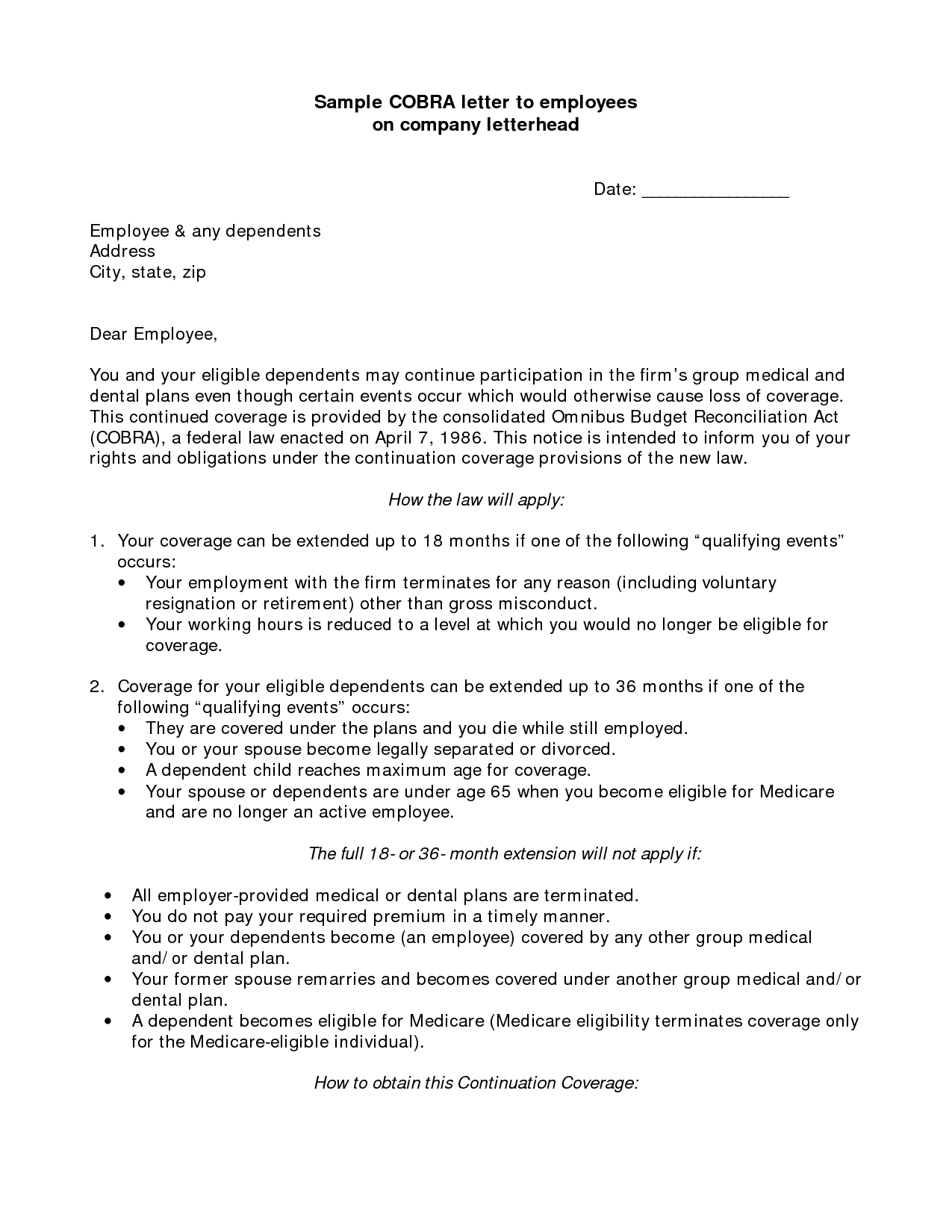 Employee Information Cobra Letter