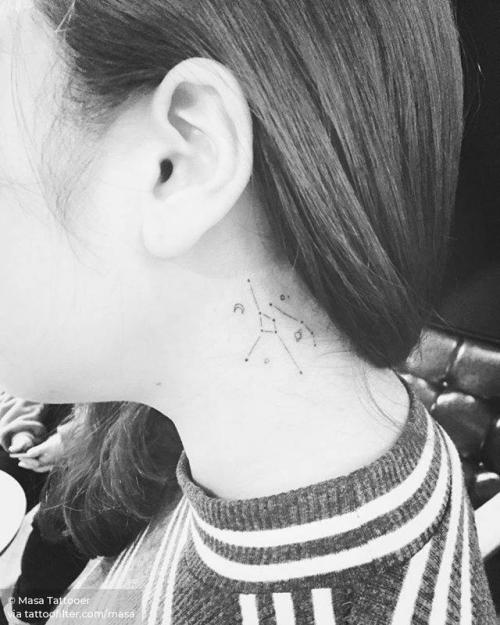 By Masa Tattooer, done in Seoul. http://ttoo.co/p/31322 fine line;small;astronomy;line art;masa;constellation;facebook;behind the ear;twitter;taurus constellation;aries constellation;neck