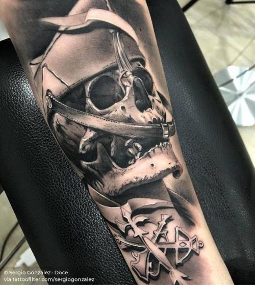 By Sergio González · Doce, done at 12 Lágrimas Tattoo, Mislata.... black and grey;skull;anatomy;soldier;human skull;big;facebook;twitter;profession;inner forearm;sergiogonzalez