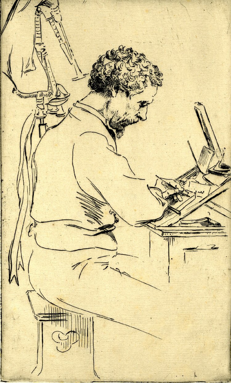 hildegard-von-bingen:
““ Print by Félix Bracquemond (1871). Three-quarter portrait in profile sitting on a stool at desk, possibly drawing on a woodblock. Bagpipes hanging behind to the left.
” ”