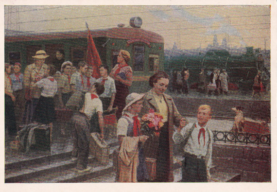 Yu. Vasilyev “Returning From the Pioneer Camp” (postcard from 1954)
Listed on Etsy: https://www.etsy.com/sovietpostcards/listing/486627847/