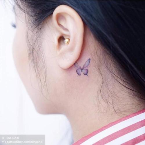 By Tina Choi, done at Hello Tattoo, Hong Kong.... insect;small;micro;butterfly;animal;tiny;tinachoi;ifttt;little;behind the ear;illustrative
