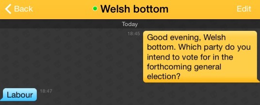 Me: Good evening, Welsh bottom. Which party do you intend to vote for in the forthcoming general election?
Welsh bottom: Labour