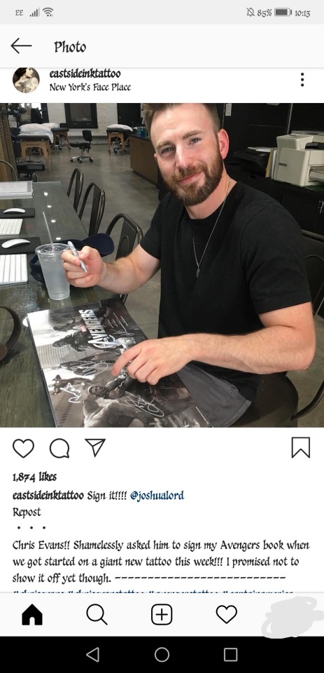 East Side Ink  Sign it joshualord Repost  Chris Evans  Shamelessly asked him to sign my Avengers book when we got started on a  giant new tattoo this week I promised