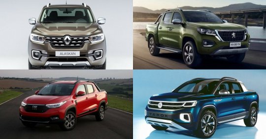 Picapes 2020 Fiat Strada Volcano na cor vermelha, Renault Alaskan verde, Peugeot Landtrek verde e conceito do Volkswagen Tarok azul em uma fotomontagem