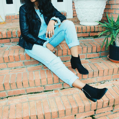 cassiekaygee thrift thrifted leather rippedjeans highwaisted pants winter fashion makeup