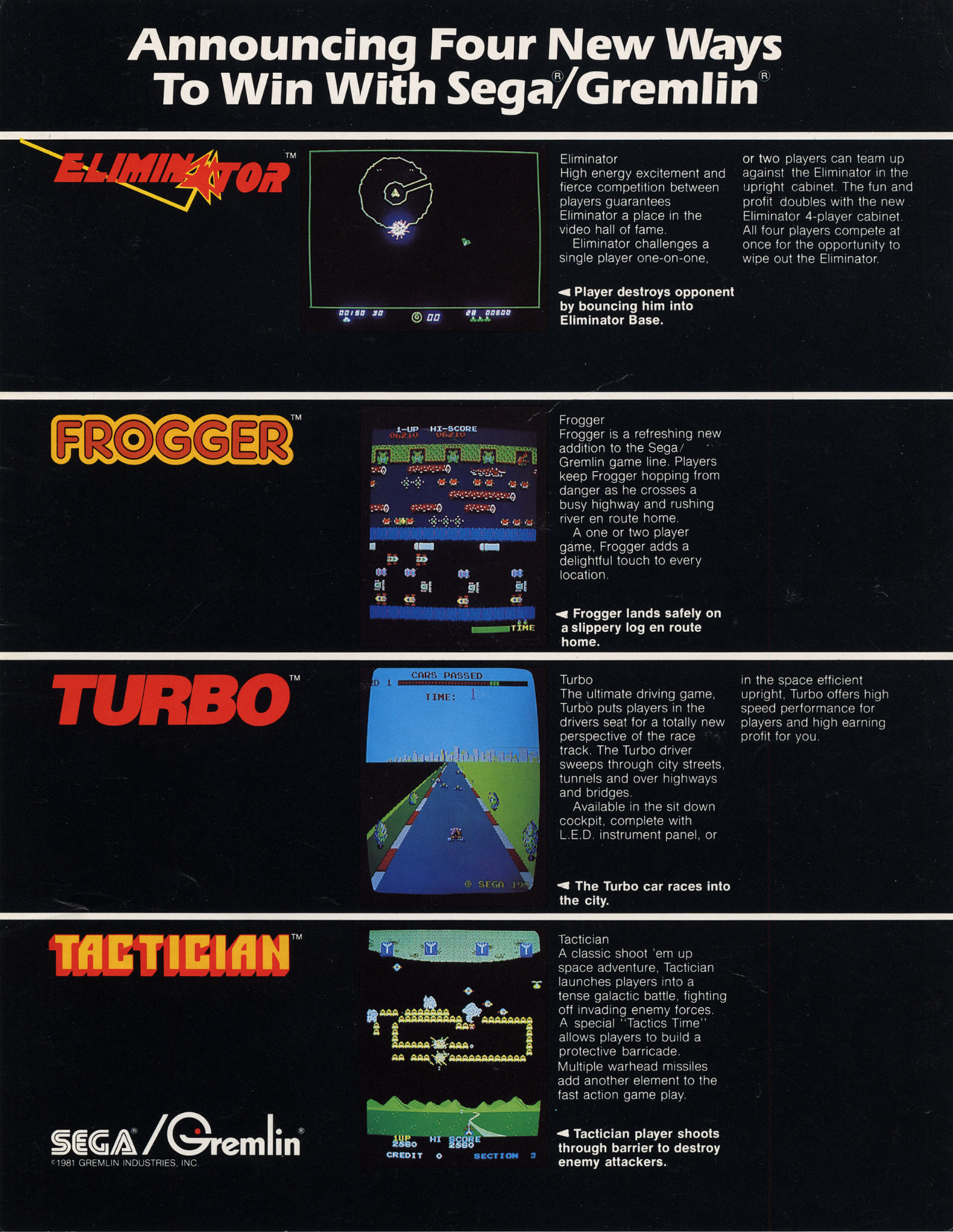 1981 SEGA GREMLIN TURBO VIDEO FLYER